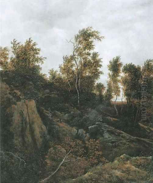 A wooded landscape with sportsmen on a wooded track Oil Painting by Jacob Van Ruisdael