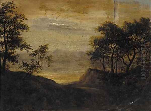 A wooded landscape with travellers on a path near a cottage Oil Painting by Jacob Van Ruisdael