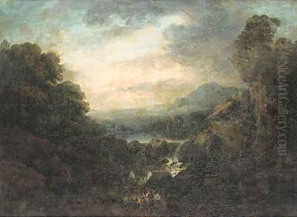 An extensive mountainous landscape with anglers by a waterfall Oil Painting by Jacob Van Ruisdael