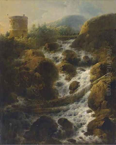 A mountainous landscape with a Roman tower by a stream Oil Painting by Jacob Van Ruisdael