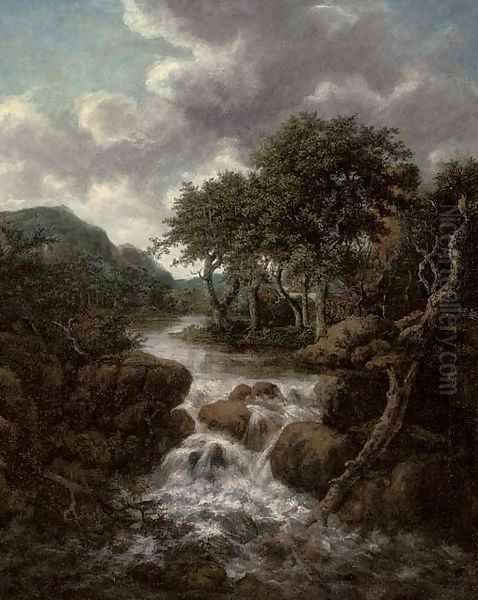 A wooded river landscape with a waterfall Oil Painting by Jacob Van Ruisdael