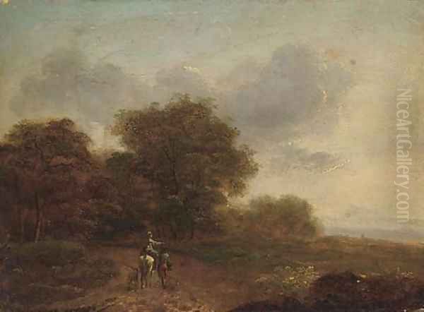 Travellers in an extensive landscape Oil Painting by John Rathbone