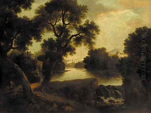 A figure on a riverside path in a classical landscape Oil Painting by John Rathbone