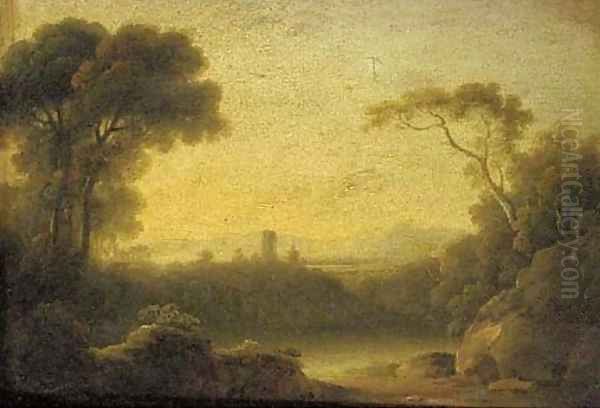 A castle in an Italianate landscape Oil Painting by John Rathbone