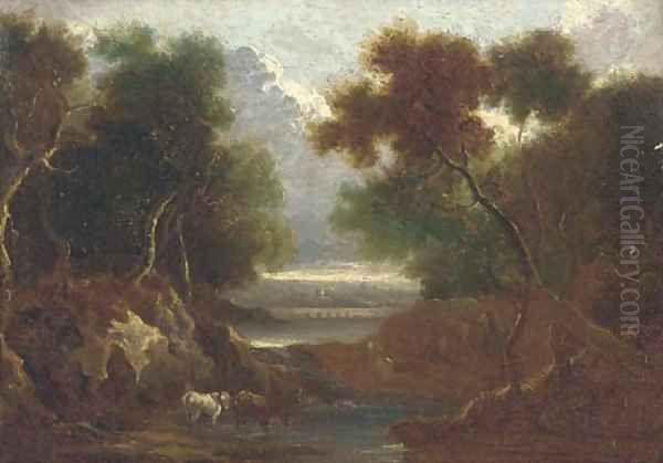 Cattle watering in a classical landscape Oil Painting by John Rathbone