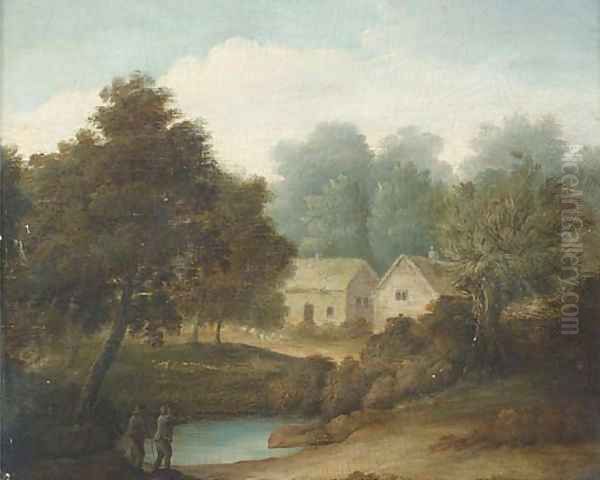 Figures by a pond with cottages beyond Oil Painting by John Rathbone