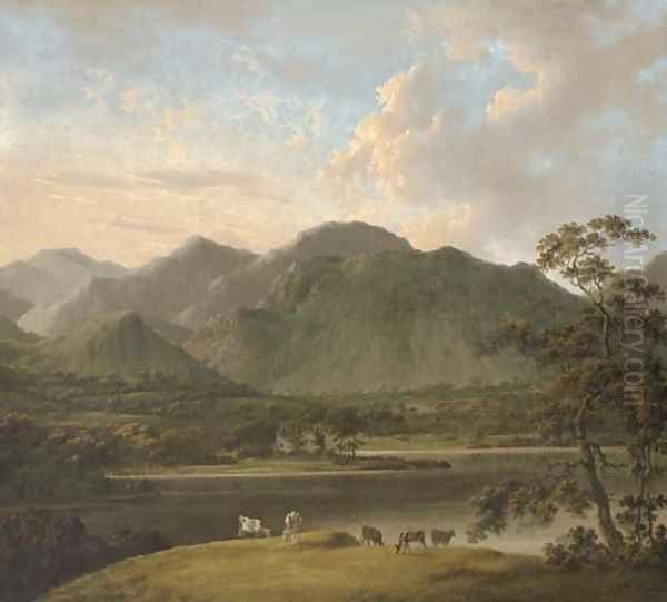 View of Coniston and Weatherlam, with cattle in the foreground, and Coniston Old Hall beyond Oil Painting by John Rathbone