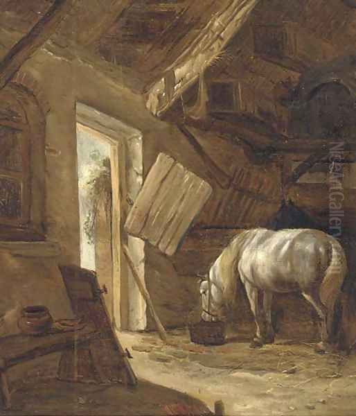 A barn interior with a horse feeding Oil Painting by Salomon Rombouts