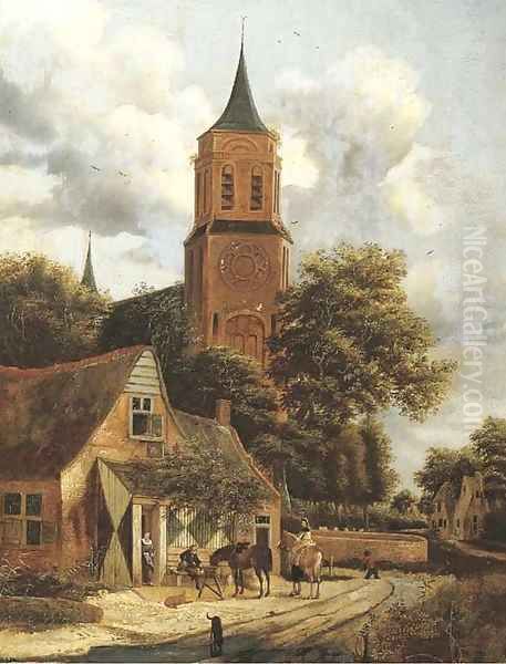 A village landscape with travellers taking refreshments at the Swan inn, a church nearby Oil Painting by Salomon Rombouts