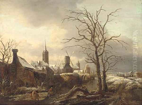 A winter landscape with peasants skating Oil Painting by Salomon Rombouts