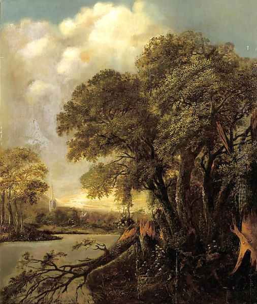 A wooded river landscape with a village in the distance Oil Painting by Salomon Rombouts