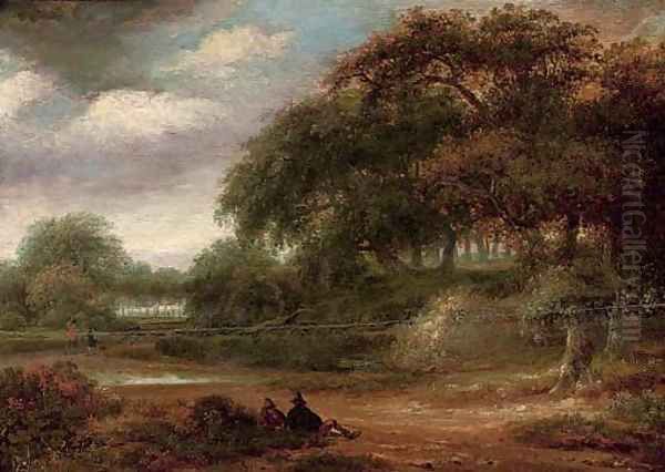 A wooded river landscape with travellers resting on a track Oil Painting by Salomon Rombouts