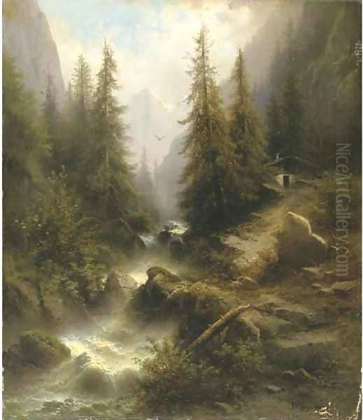 Waterfall cascading amongst pine trees in the Alps Oil Painting by Albert Rieger