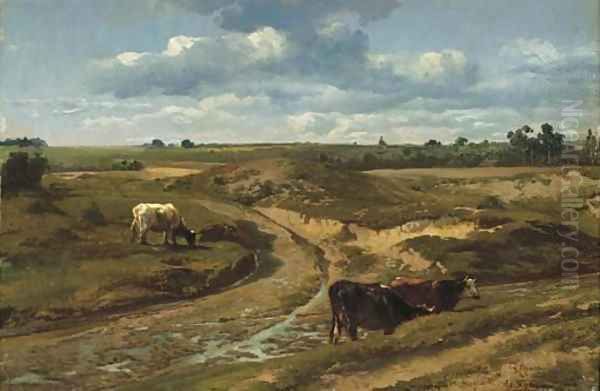 Cattle grazing by a sandy track in summer near Genck Oil Painting by Francois Roffiaen