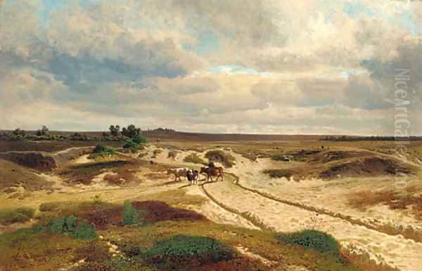 A drover and his cattle in a pastoral landscape Oil Painting by Francois Roffiaen