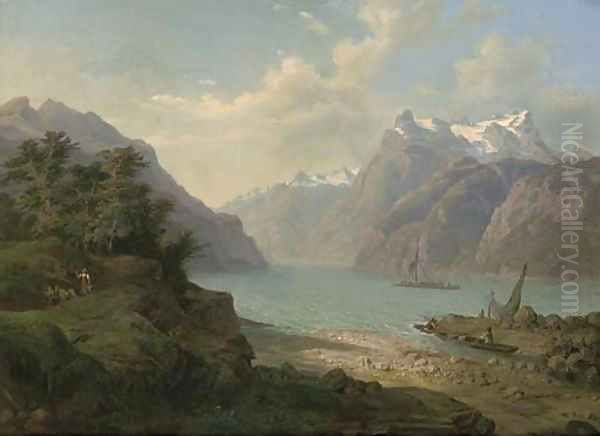 Traders on an Alpine lake Oil Painting by Francois Roffiaen