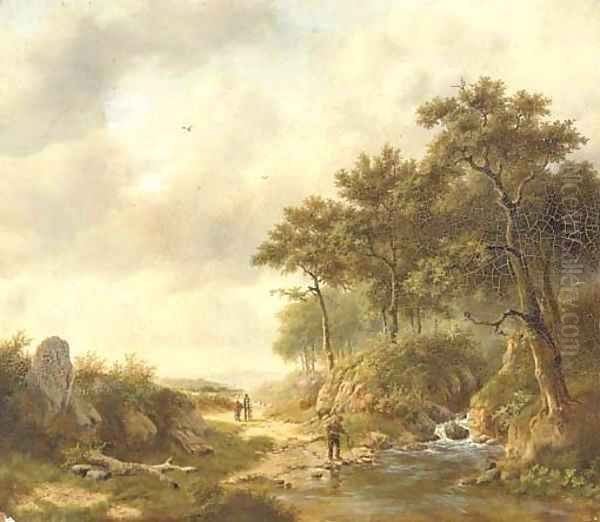 A summer landscape with figures by a stream Oil Painting by Georg Andries Roth