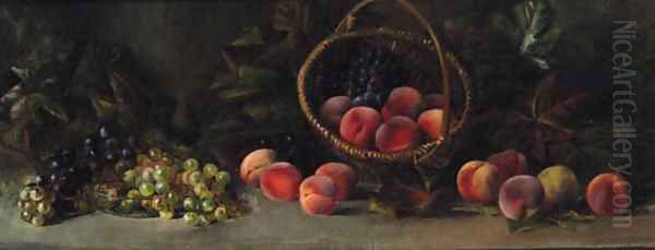 Peaches, Grapes And A Basket On A Table Oil Painting by Jean Robbe