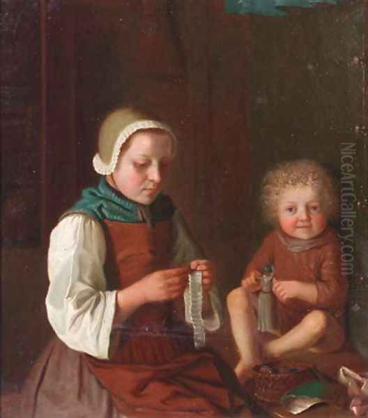 A woman sewing by a table, a child playing with a doll nearby Oil Painting by Pietro Antonio Rotari