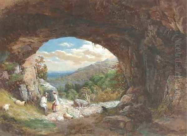 Figures at the entrance to a cave, an extensive landscape beyond Oil Painting by Bradford Rudge