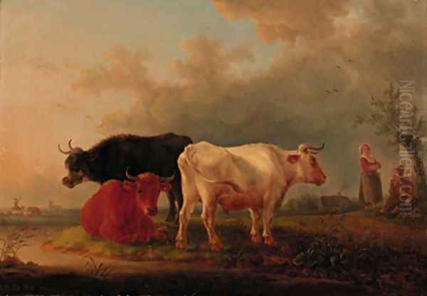 Cattle on a river bank, drovers conversing beyond Oil Painting by Jean-Baptiste De Roy