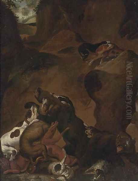 A mountain track with dogs attacking bears Oil Painting by Carl Borromaus Andreas Ruthart