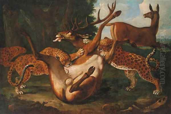 Leopards attacking deer in a landscape Oil Painting by Carl Borromaus Andreas Ruthart