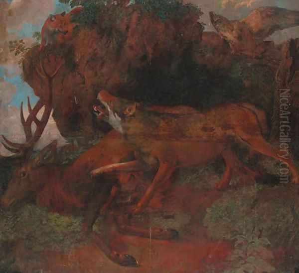 A wolf guarding a stag from a fox with an eagle on an outcrop Oil Painting by Carl Borromaus Andreas Ruthart