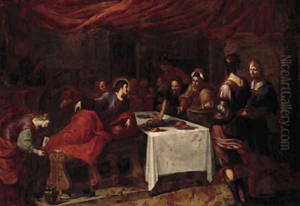 Mary Magdalen washing Christ's feet in the house of Simon the Pharisee Oil Painting by Ignatius De Roore