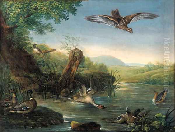 An eagle in flight watching ducks by a pool Oil Painting by Johann Elias Ridinger or Riedinger