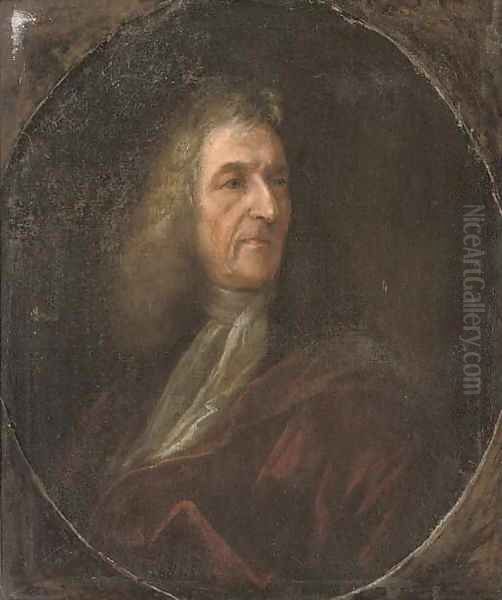 Portrait of a gentleman, bust-length, in a red robe and white cravat Oil Painting by John Riley