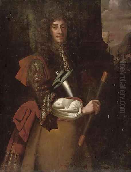 Portrait of James II (1633-1701), three-quarter-length, a telescope in his right hand, with ships beyond Oil Painting by John Riley