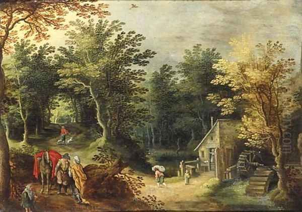 A gipsy woman and a traveller on a road by a watermill Oil Painting by Maerten Ryckaert