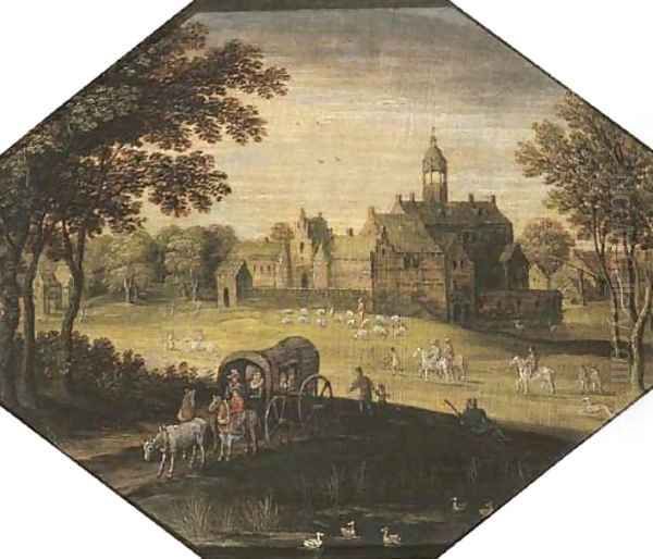 A wooded landscape with travellers in a wagon by a pond, a castle beyond Oil Painting by Maerten Ryckaert