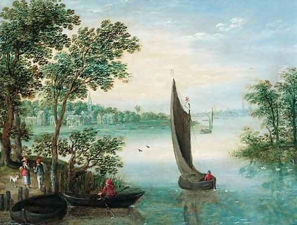 An extensive river landscape with peasants at a landing stage, a town beyond Oil Painting by Maerten Ryckaert