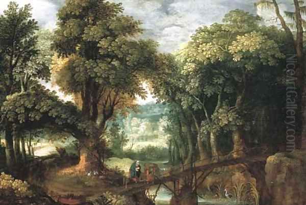 A wooded river landsape with the Flight into Egypt Oil Painting by Marten Ryckaert