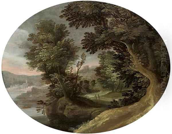 A wooded river landscape with travellers on a track Oil Painting by Marten Ryckaert