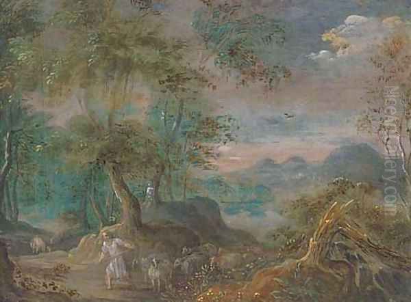 A landscape with a shepherd and his flock on a track Oil Painting by Marten Ryckaert