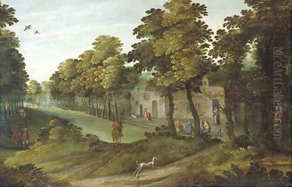 A village landscape with an avenue of trees, a horseman and a dog in the foreground Oil Painting by Marten Ryckaert