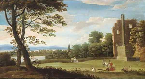 A wooded landscape with classical ruins, a milkmaid with goats and a lake beyond Oil Painting by Marten Ryckaert