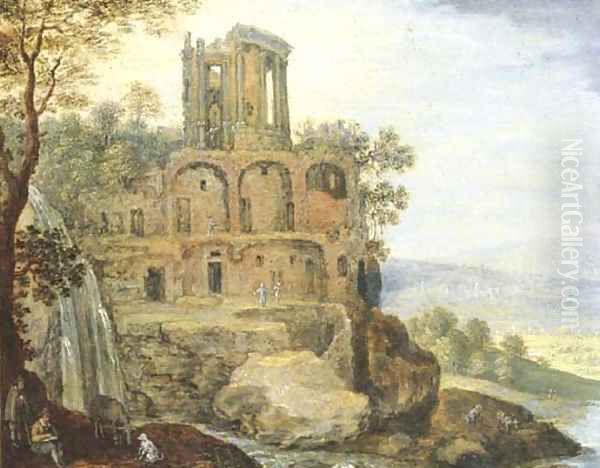 An extensive landscape with the Temple of the Vesta, near Tivoli by Marten Ryckaert