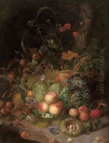 Apples, pears, grapes, corn, pomegranates, a birds nest with eggs, butterflies, a lizard and other insects in a wooded clearing Oil Painting by Rachel Ruysch