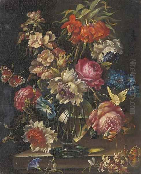 Mixed flowers in a glass vase on a ledge, with a snail and two butterflies Oil Painting by Rachel Ruysch