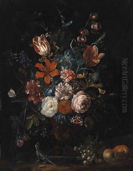 Roses, Tulips, Lillies, Carnations, Convolvulus and other Flowers in an ornamental Vase with Apples Oil Painting by Rachel Ruysch