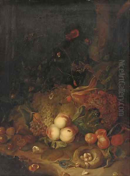 Apples, pears, grapes, corn, pomegranates, a birds nest with eggs with butterflies, a lizard and other insects in a wooded clearing Oil Painting by Rachel Ruysch