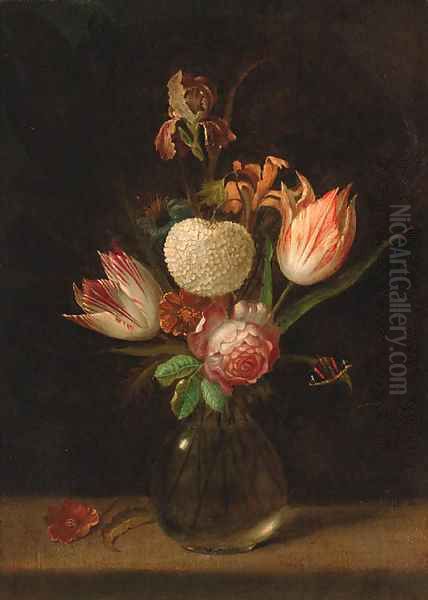 Parrot tulips, a chrysanthemum, a rose, an iris and other flowers Oil Painting by Rachel Ruysch