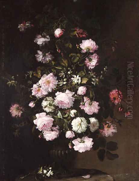 Roses and orange blossom in a vase on a pedestal Oil Painting by Rachel Ruysch