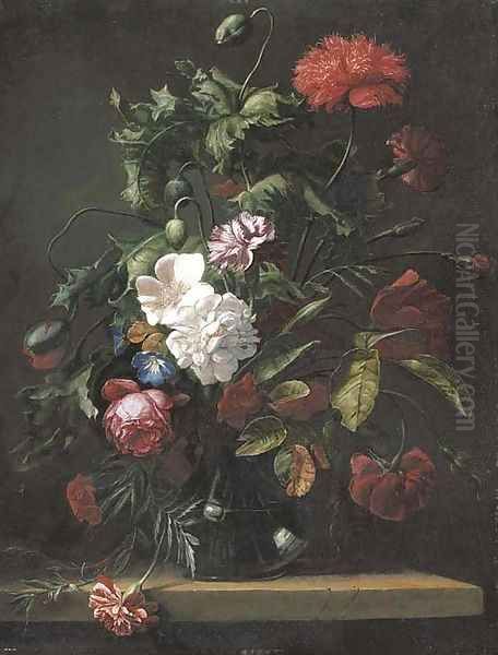 Roses, carnations, morning glory and other flowers in a glass vase on a stone ledge Oil Painting by Rachel Ruysch