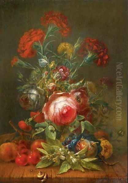 Roses, carnations, poppies and other flowers in a vase, with cherries, grapes and peaches on a wooden ledge Oil Painting by Rachel Ruysch