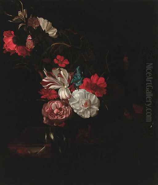 Roses, tulips, a poppy, nasturtiums, marigolds and other flowers in a vase, and a tortoiseshell butterfly on a partly draped marble ledge Oil Painting by Rachel Ruysch